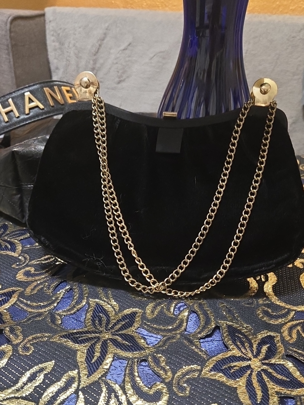 Vintage Black Velvet Opera Bag /Clutch with Gold Chain Strap